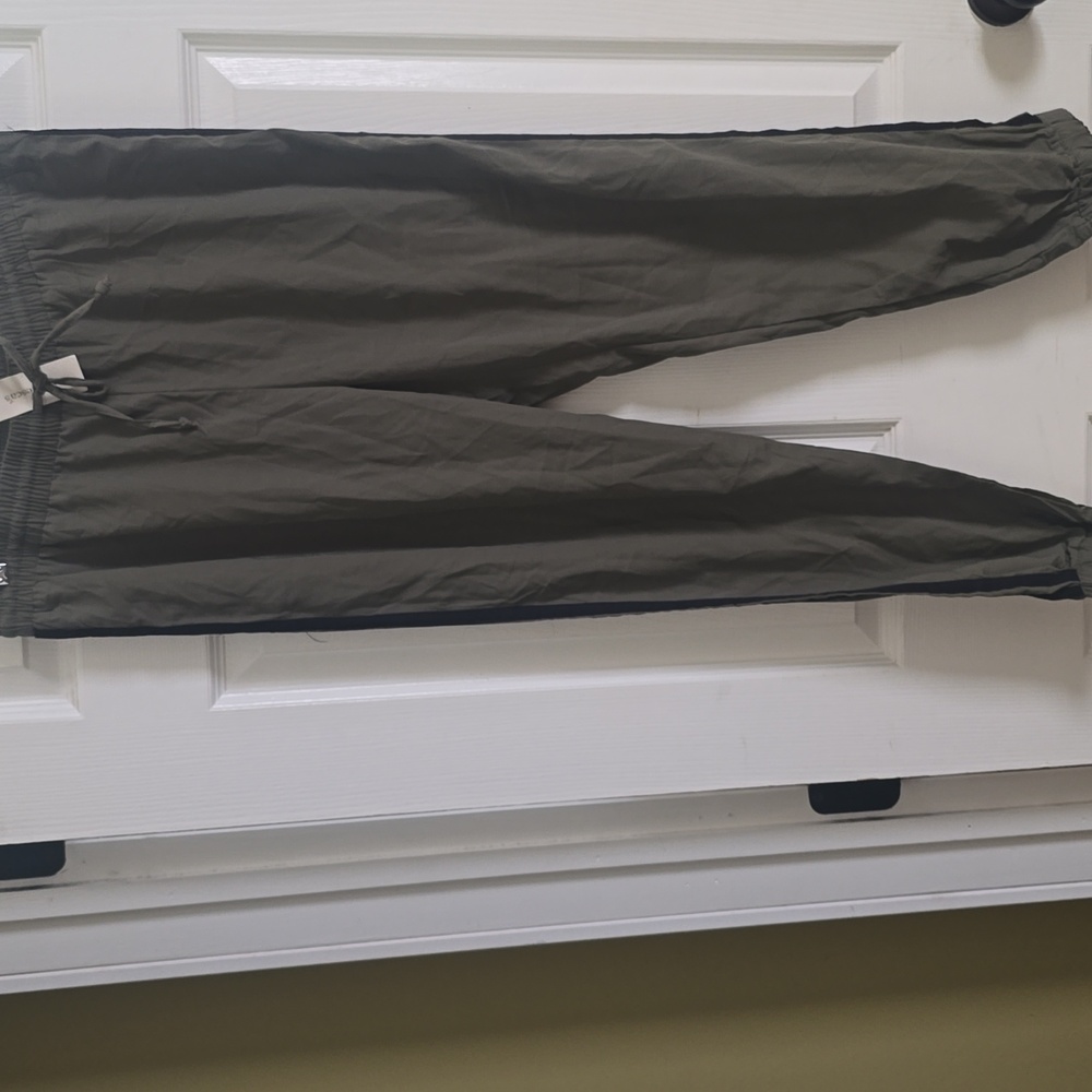 Francesca Blue Rain Olive Green Elastic Waist Jogger Pants Large Polyester NWT